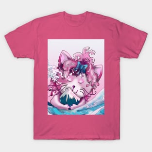 Pink cat hugging Mount Fuji in the wave off Kanagawa T-Shirt